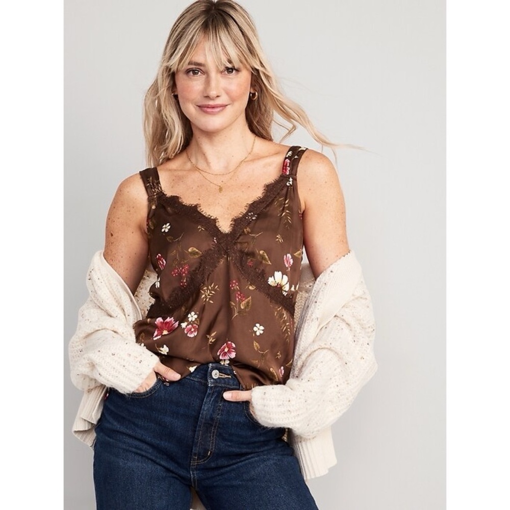 Old Navy Lace Trimmed Floral Satin Cami Top Medium